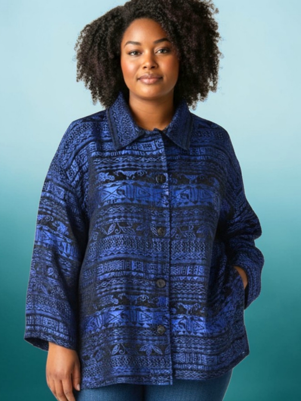 Vtg Chicos Silk Blend Jacket Top XL Blouse Blue Black Jacquard Tapestry Art Wear